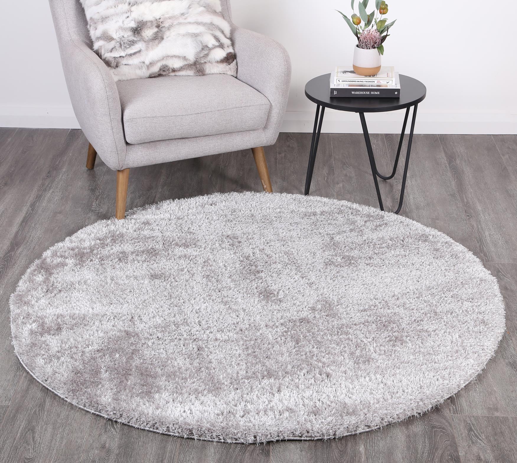 Fluffy  Shaggy Round Rug Grey